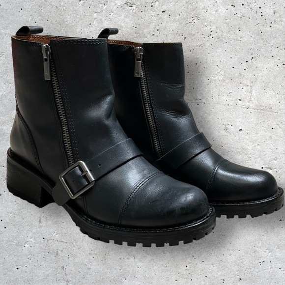 Lucky Brand Moto Boot Ondalucia Zipper Buckle Leather Combat Platform Chunky - Picture 3 of 11